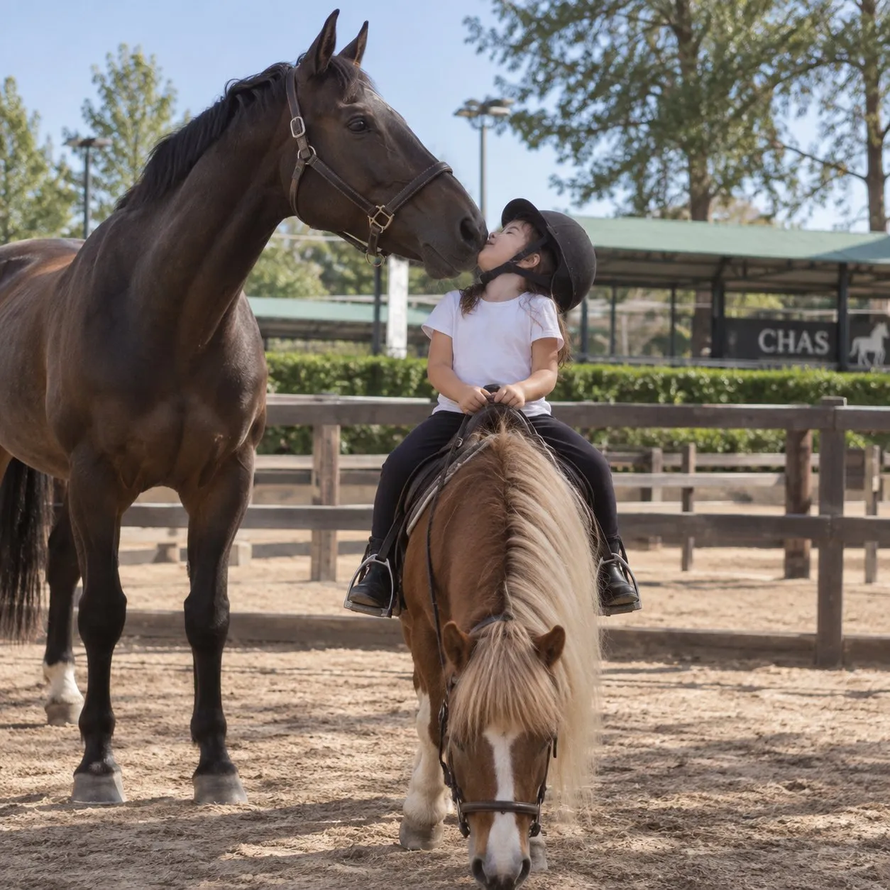 Niña montada en un poni junto a un caballo en el CHAS de Gijón