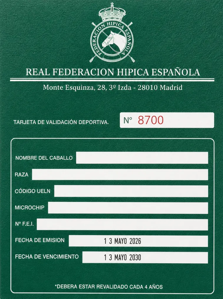 Anverso de la Tarjeta de Validación Deportiva de la RFHE, conocida como tarjetón verde
